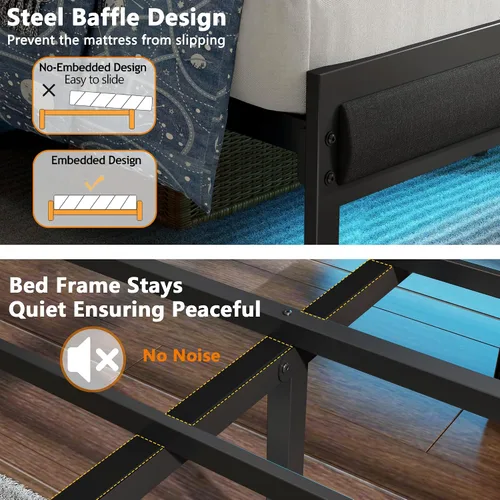 Miniatura 7 de Furnulem Base de cama individual con luz LED y estación de carga, cabecera de almacenamiento tapizada gris con estante, cama de plataforma de metal