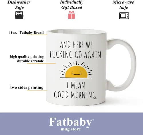 Miniatura 6 de Fatbaby Taza de café divertida para mujeres y hombres, Here We Fucking Go Again I Mean Good Morning, regalos de cumpleaños y Navidad, regalos