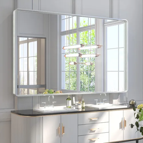 Miniatura 78 de TETOTE Espejo de marco dorado cepillado de 16 x 24 pulgadas, espejo de tocador de baño de latón dorado para pared, espejo enmarcado rectangular