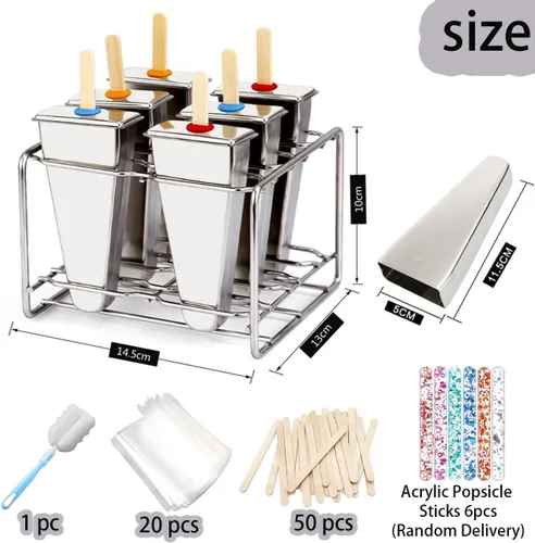 Miniatura 2 de Juego de 6 moldes de paletas de acero inoxidable, moldes de metal para paletas, máquina casera para hacer golosinas de hielo con 50 palos de madera
