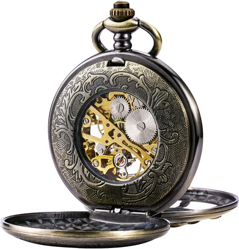 Miniatura 4 de TREEWETO Reloj de bolsillo con doble cubierta de bronce con números romanos para hombre y mujer