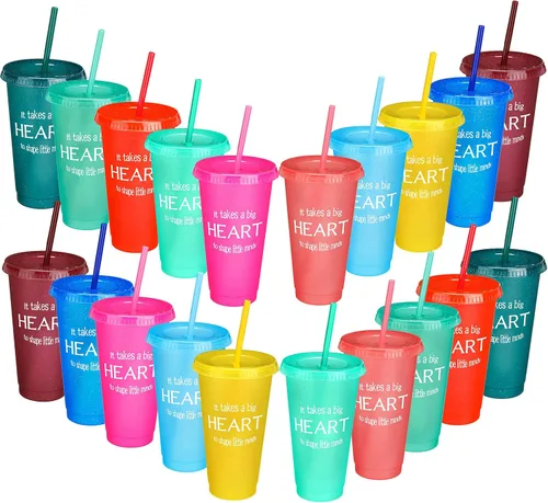Gerrii 20 vasos de agradecimiento para maestros de fin de año, con pajitas y tapas, vasos reutilizables con purpurina para café helado, regalo para