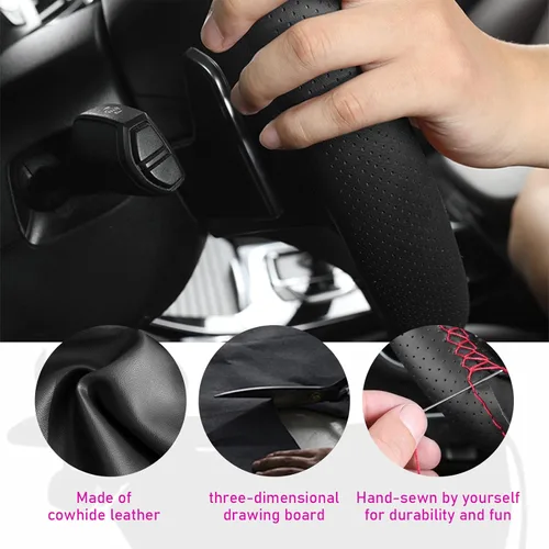 Miniatura 3 de Ziciner - Funda de cuero genuino para volante, transpirable, antideslizante, protector de volante para un diámetro máximo de 15 pulgadas, para coser