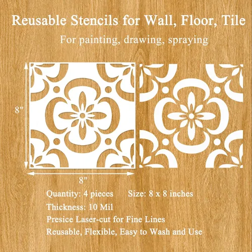 Miniatura 3 de 4 plantillas de azulejos mexicanos de 8 x 8 pulgadas, plantillas de suelo reutilizables para pintar en pisos, azulejos, patio de hormigón, pared