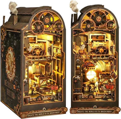 Rincón de libros, kit de casa en miniatura, rompecabezas 3D de madera, luces LED, manualidades de decoración para adultos y adolescentes (industria