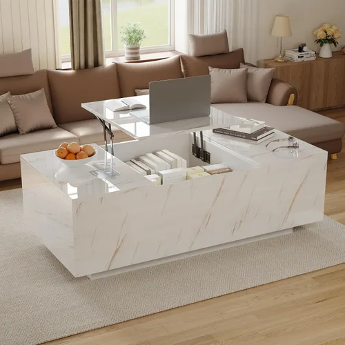Miniatura 4 de Mesa de Centro LED Moderna de 47" con 2 Cajones, Mesa Central de Doble Capa de Alto Brillo con Carga Inalámbrica y Altavoz Bluetooth Integrado, Mesa