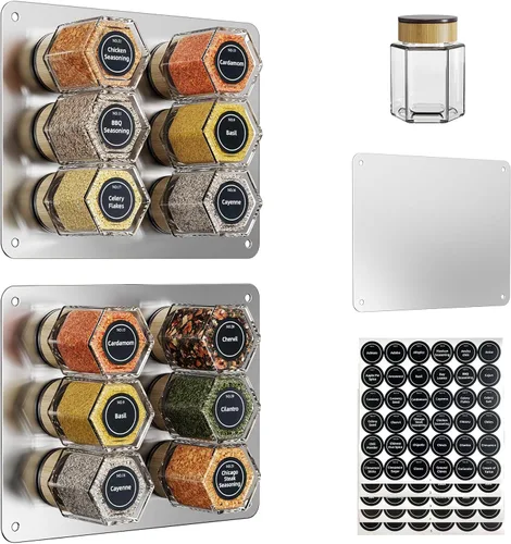 Miniatura 11 de Juego de 12 latas magnéticas de vidrio para especias Vetacsion con 180 etiquetas adhesivas para condimentos