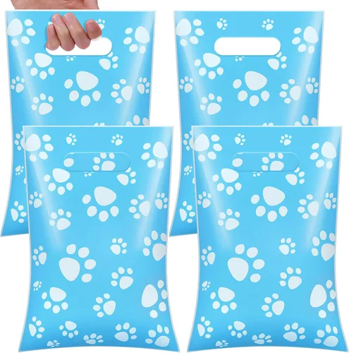 Miniatura 13 de Pasimy 100 bolsas de regalo de pata de perro a granel, diseño de pata de mascota, bolsas de plástico con asa para decoración de fiesta de cumpleaños