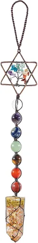 rockcloud Adorno colgante de 7 piedras de chakras, hecho a mano, hexagrama, árbol de la vida, adorno para colgar con varita de cristal de resina
