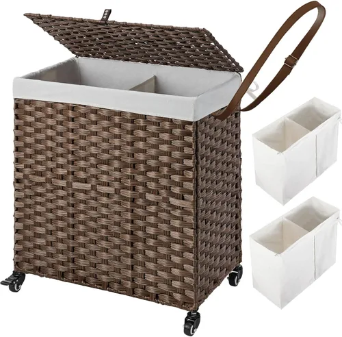 Miniatura 10 de GREENSTELL Cesta para ropa sucia con ruedas y tapa, 130 L, cesta grande de 3 secciones con 2 tipos de bolsas de forro extraíbles, 5 bolsas de malla