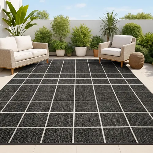 Miniatura 7 de JONATHAN Y Grid Squares - Alfombra de pasillo para interiores y exteriores, 2 x 8 pies, color negro/crema, moderna para patio trasero, porche, fácil