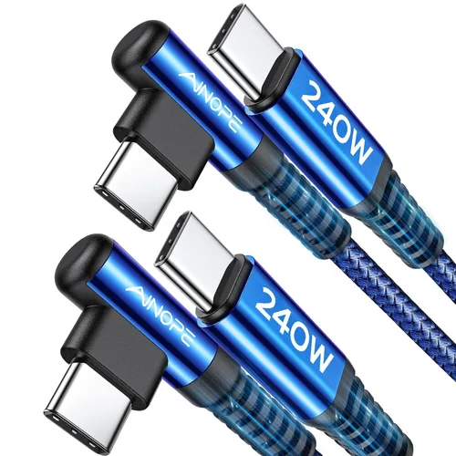 Miniatura 16 de AINOPE Cable USB C a USB C de 240W (6.6 pies, paquete de 2, USB C Chubby) Cable de carga rápida USB C a USB C, cable cargador USB C en ángulo recto