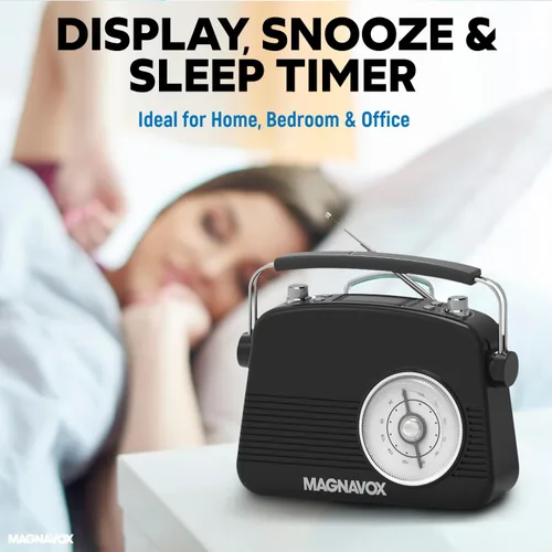 Miniatura 5 de Magnavox Reloj despertador doble retro con radio FM, tecnología inalámbrica Bluetooth, pantalla LCD, temporizador de repetición y sueño, ideal