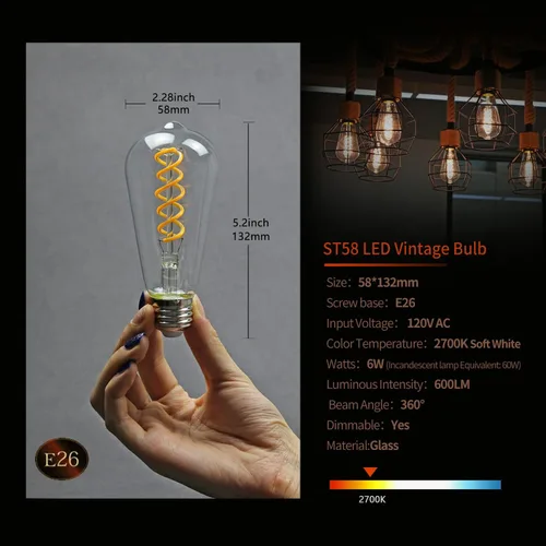 Miniatura 5 de Paquete de 6 bombillas Edison ST19 ST58, bombillas LED vintage, blanco suave de 2700 K, bombilla de filamento LED en espiral flexible antiguo