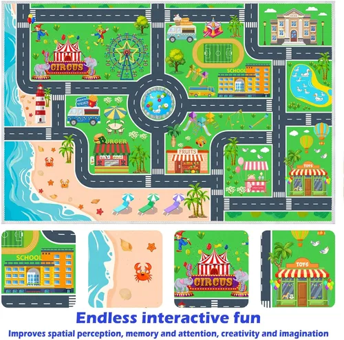 Miniatura 2 de Alfombra de juego para niños, alfombra de automóvil para autos y trenes de juguete para niños, alfombra de juego antideslizante para sala