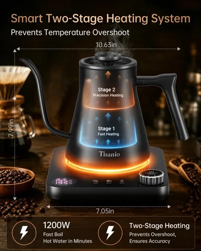 Miniatura 2 de Hervidor eléctrico de cuello de cisne para verter sobre café, control de precisión de ±1 °F, calefacción inteligente de dos etapas, 2 horas