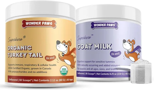 Polvo orgánico de cola de pavo más leche en polvo de cabra – para apoyo inmunológico del perro, salud respiratoria, alergias y bienestar general –
