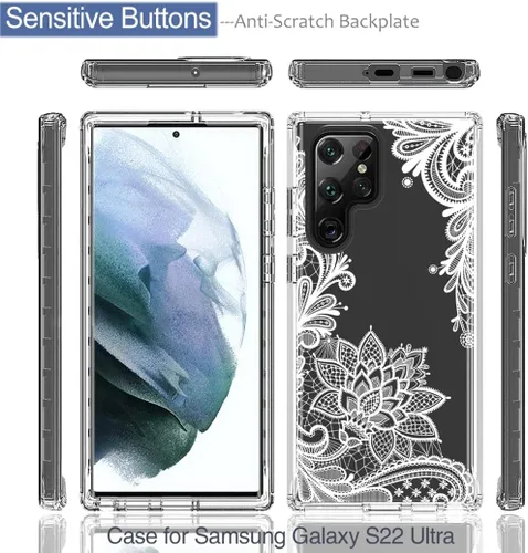 Miniatura 5 de Funda para Galaxy S22 Ultra 5G SM-S908U con protector de pantalla de vidrio templado, bonito patrón de mandala transparente, funda protectora