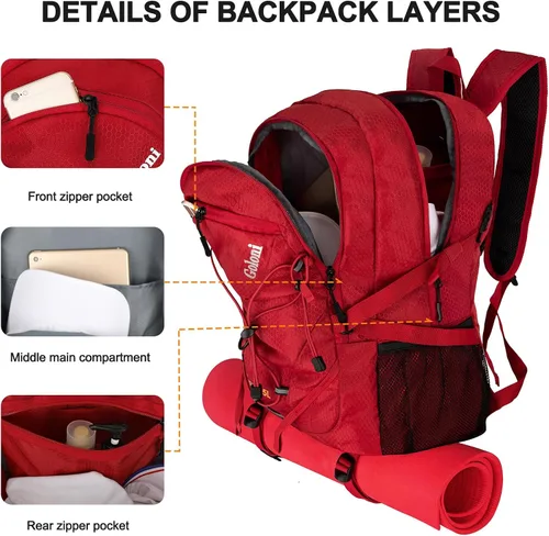 Miniatura 6 de Mochila de senderismo de 45 L con cubierta para lluvia, mochila de campamento plegable ligera para senderismo, resistente al agua con poste de Rojo