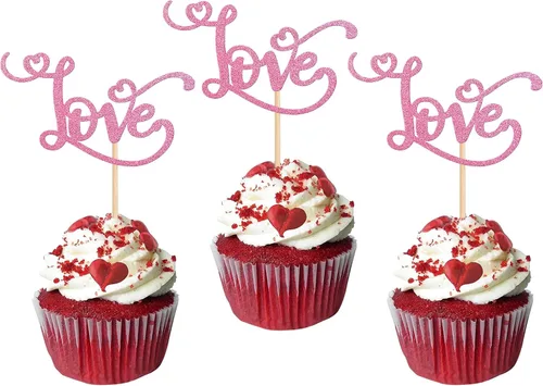 Miniatura 37 de Rsstarxi Paquete de 24 adornos para cupcakes para el día de San Valentín, con purpurina roja, dulce amor, para cupcakes, decoración de San Valentín