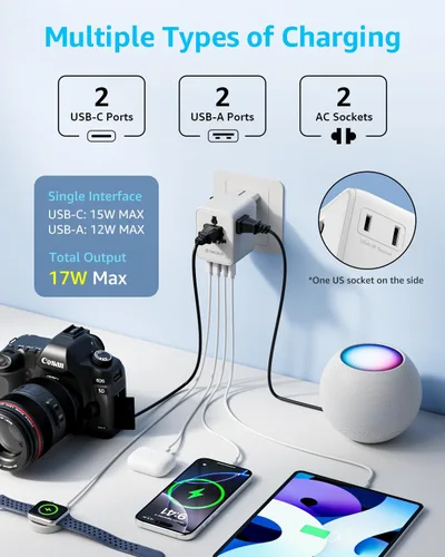 Miniatura 3 de Adaptador de viaje universal, adaptador de enchufe de viaje internacional con 2 puertos USB-C y 2 puertos USB-A, con salida de CA extra de 2 Blanco