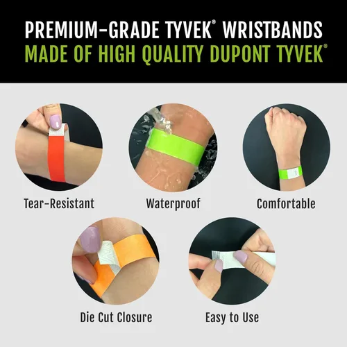 Miniatura 3 de 500 pulseras Tyvek verde neón para eventos, diseño a prueba de manipulaciones y color fluorescente que evitan la reutilización, pulseras de grado