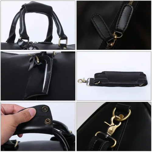 Miniatura 13 de Leathario Bolsa de viaje de cuero genuino para el fin de semana de la noche para los hombres, equipaje de mano, Negro-S, Pequeña, Vintage