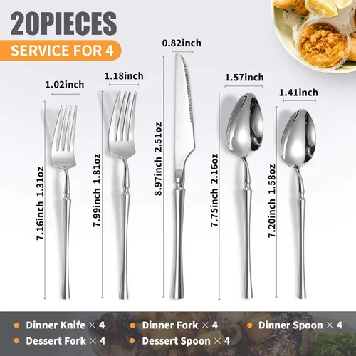 Miniatura 2 de Lemeya Juego de cubiertos de 20 piezas, acero inoxidable 18/10 para 4, cubiertos únicos con mango de torre Cantón, tenedores, cucharas y cuchillos