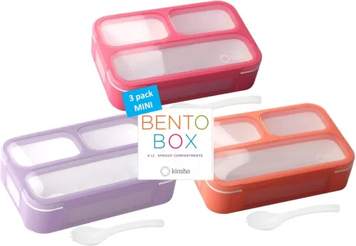 Miniatura 8 de Contenedores pequeños para aperitivos para niños pequeños, 3 compartimentos (juego de 3), cajas a prueba de fugas con tapas, mini lonchera Bento