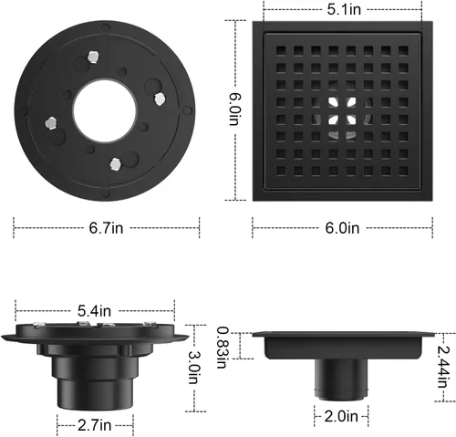 Miniatura 2 de EXF Drenaje de ducha cuadrado de 6 pulgadas con base de brida ABS, drenaje de piso de acero inoxidable 304 negro mate, rejilla extraíble y colador