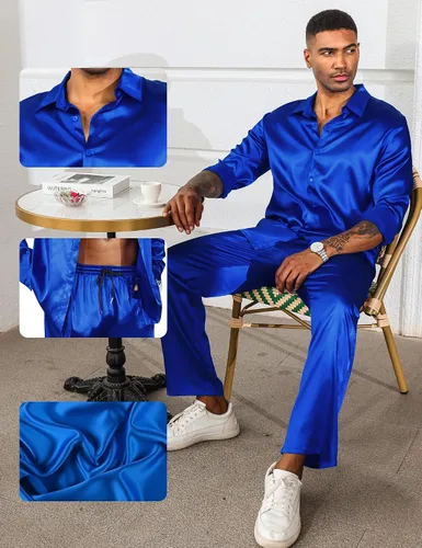 Miniatura 3 de LecGee Conjunto de 2 piezas de satén para hombre, con solapa, manga larga, con botones, pantalones deportivos con bolsillo, fiesta de club