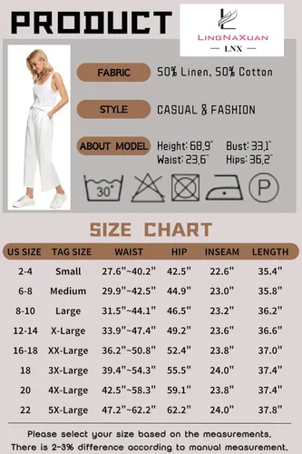 Miniatura 5 de LNX - Pantalones de lino para mujer, cintura alta, pierna ancha, cordón ajustable, pantalones holgados informales con bolsillos