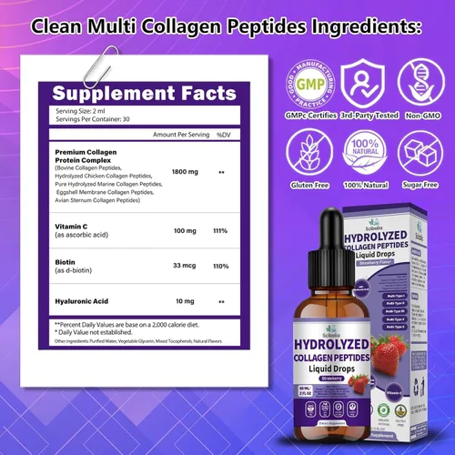 Miniatura 7 de Péptidos de colágeno múltiple líquido gota w. Tipos I II III V X ácido hialurónico vitamina C biotina para la salud de las articulaciones, la piel