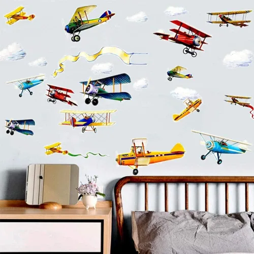 Miniatura 6 de Calcomanías de pared de avión, calcomanías de pared de acuarela para niños, guardería, sala de juegos, dormitorio, serie de aviones vintage