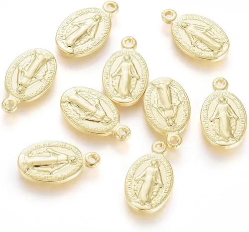 50 dijes de medalla milagrosa de latón ovalados con colgantes de Virgen María Lady para hacer joyas, collares, pulseras