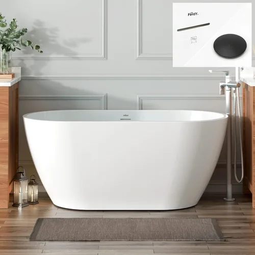 Miniatura 11 de FerdY 59" Bañera de acrílico independiente Bali Elite, bañera independiente de inmersión con forma elegante, certificada cUPC, desagüe negro Toe-Tap