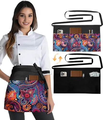 Miniatura 14 de Slohif Delantal Reversible de Servidor con 6 Bolsillos - Delantal de Cintura para Camarera Mujeres Delantal Corto de Media Porción Camarero