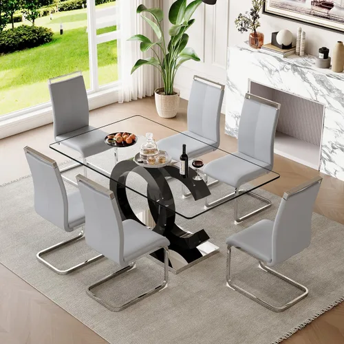 Miniatura 9 de gopop Mesa de comedor de cristal de 63 pulgadas, mesa de cocina moderna, mesa de comedor de vidrio transparente con patas de diseño único negro