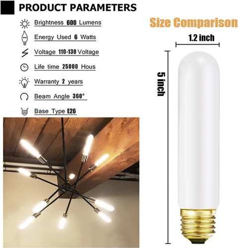 Miniatura 5 de Leools Bombilla LED esmerilada T10, bombilla LED tubular regulable E26, 8 W igual a 60 W, 3000 K, blanco suave, CRI90+, 600 lm, base E26 de T10