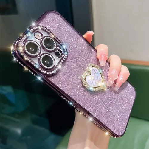 Miniatura 2 de Bonita funda compatible con iPhone 13 Pro de 6.1 pulgadas, diamantes brillantes + fundas de tarjetas con purpurina con soporte de corazón de amor