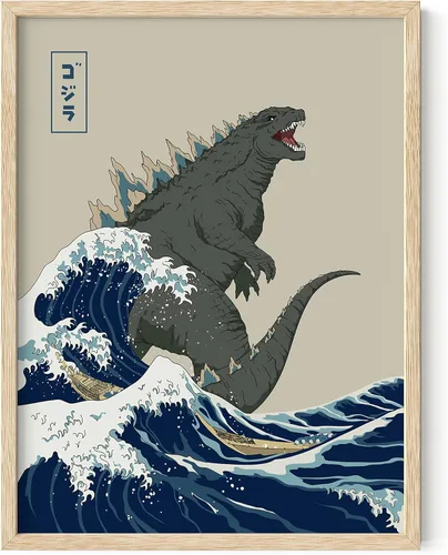 Miniatura 45 de HAUS AND HUES Arte de pared japonés - Póster de rey de monstruos, gran ola, marco negro, 12 x 16 pulgadas Gran Ola Vs. Godzilla