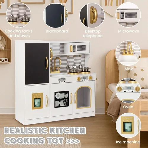 Miniatura 3 de Juego de cocina para niños de 3 a 8 años, cocina de juguete de madera para niños, juego de cocina de chef de simulación para niños pequeños, Blanco