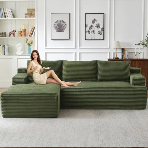 Miniatura 60 de Sofá seccional modular de 96", sofá en forma de L tipo nube sin estructura con chaise lounge, tapizado de pana con asiento profundo de espuma Negro