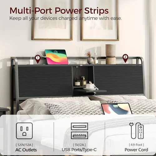 Miniatura 5 de MAHANCRIS Cabecero tamaño Queen solamente, cabecero con 4 enchufes y 4 puertos USB, cabecero industrial con puerta abatible y adaptador de marco