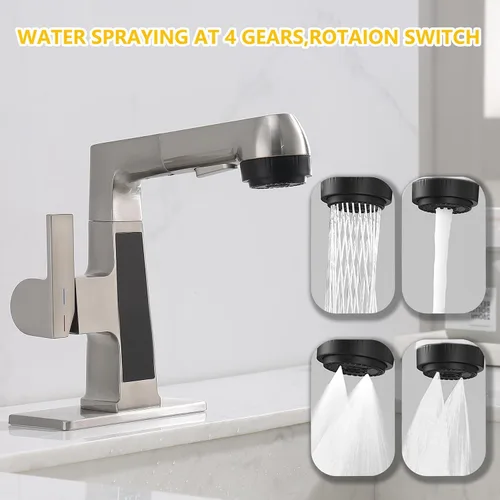 Miniatura 5 de Grifo de Baño LED con Grifo de Salida Extraíble, Grifo de Fregadero de Níquel Cepillado con Pantalla Digital de Temperatura, Grifo de 5 Modos