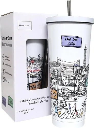 Miniatura 15 de Cities Around the World - Serie de vasos de 25 onzas – Diseñado en los Estados Unidos, vaso aislado al vacío con tapas y pajilla, taza de acero