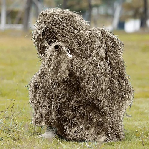 Miniatura 6 de Traje Ghillie 5 en 1 para hombre, incluye chaqueta, pantalones, capucha, bolsa de transporte y cintas de camuflaje, disfraces de Helloween