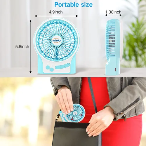 Miniatura 5 de efluky Ventilador de escritorio mini de 3 velocidades, recargable, funciona con batería y con luz LED Azul