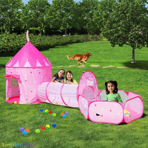Miniatura 3 de Tienda de campaña para niños, túnel de gateo, pozo de pelotas y luces, casa de juegos para niños, rosa