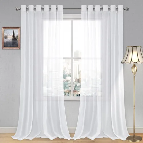 Miniatura 162 de DWCN Cortinas traslúcidas color verde frijol para sala de estar y dormitorio - Cortinas voile con aspecto de lino sintético con ojales en la parte